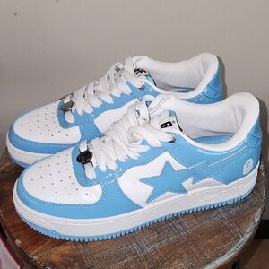 Bape STA A Bathing Ape White Light Blue Star Sneakers Leather 8.5